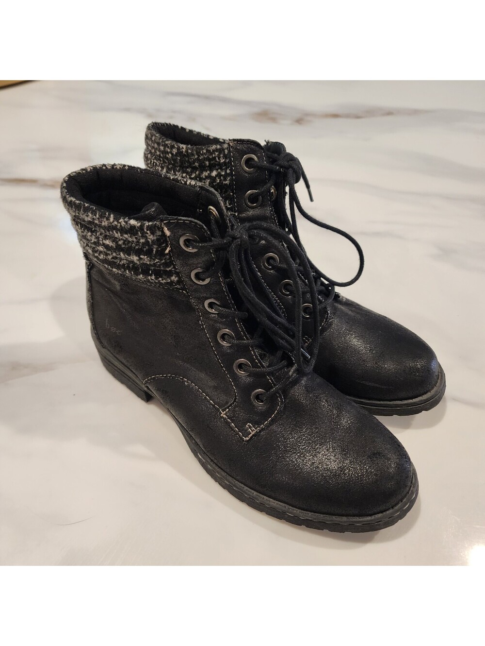 B.O.C. Born Women’s Black Lace-Up Ankle Boots Tweed Cuff Size 8.5
